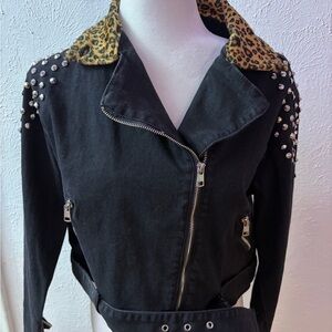 Punk Studded Black Jacket with Leopard Print Collar